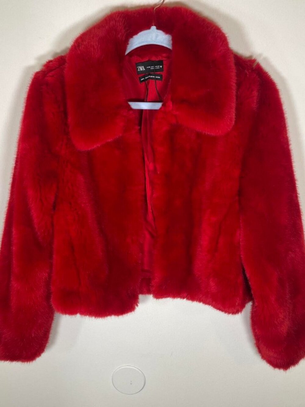 Zara Red Faux Fur Cropped Coat with Collar